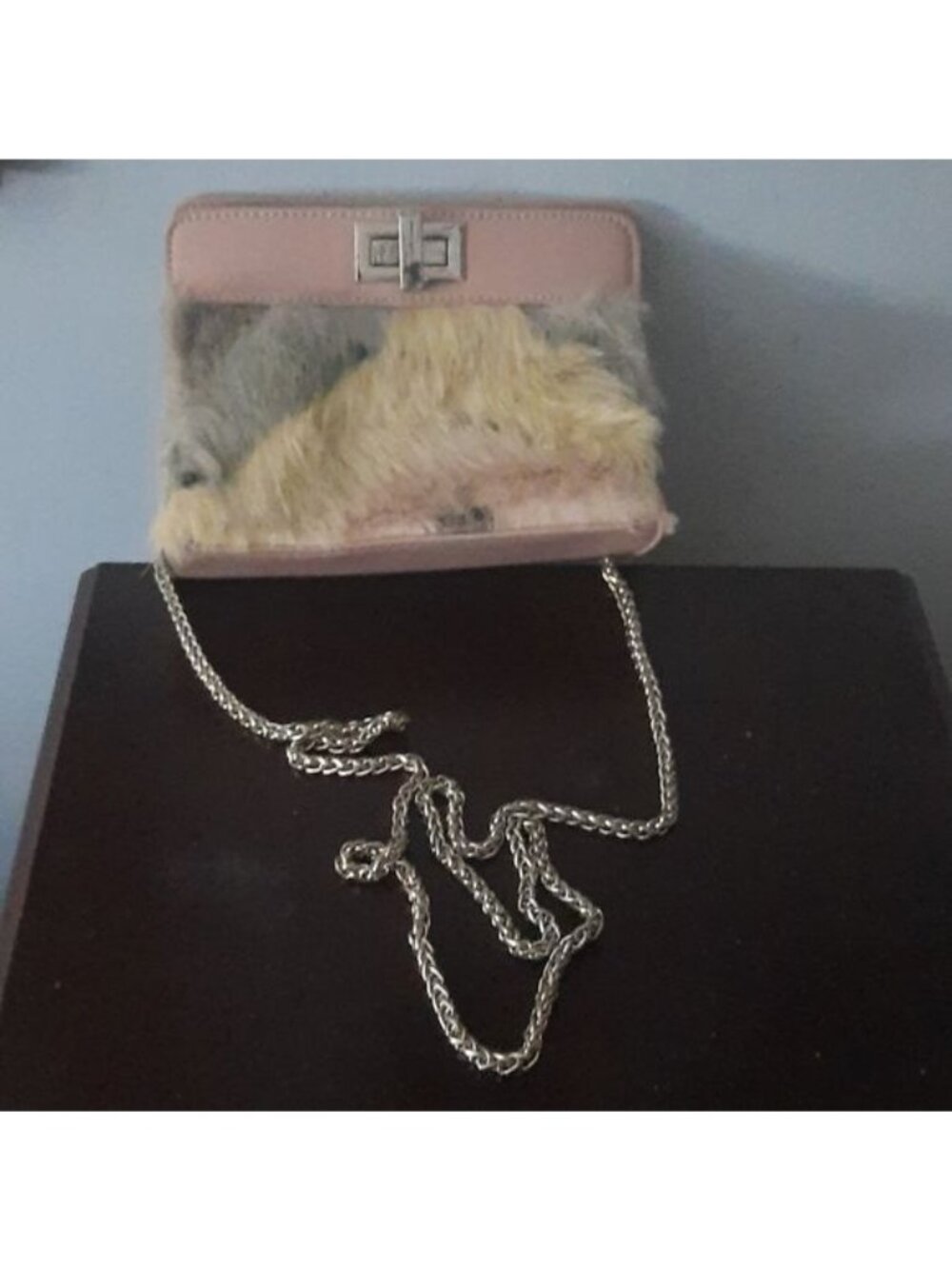 Street Level  Pink And Grey Fur Front Pink Leather Back Chain Crossbody Bag